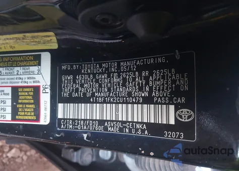 2012 Toyota Camry Le из США, поврежденный, VIN 4T1BF1FK2CU110479